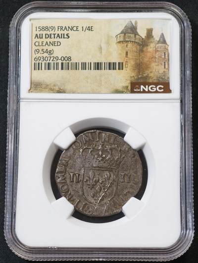 “方寸甄品”甄品场，甄臻铺-世界币章拍卖（第57期，直播拍卖），送拍享返佣金等优惠多多 - NGC-AUD 中世纪法国亨利三世1/4埃居，瓦卢瓦王朝最后一位国王，宗教战争时期，NGC中世纪特殊标签，虽判定清洗，但是正反图案打制非常清晰，此品种本身很少见且多弱打，这枚状态很难得