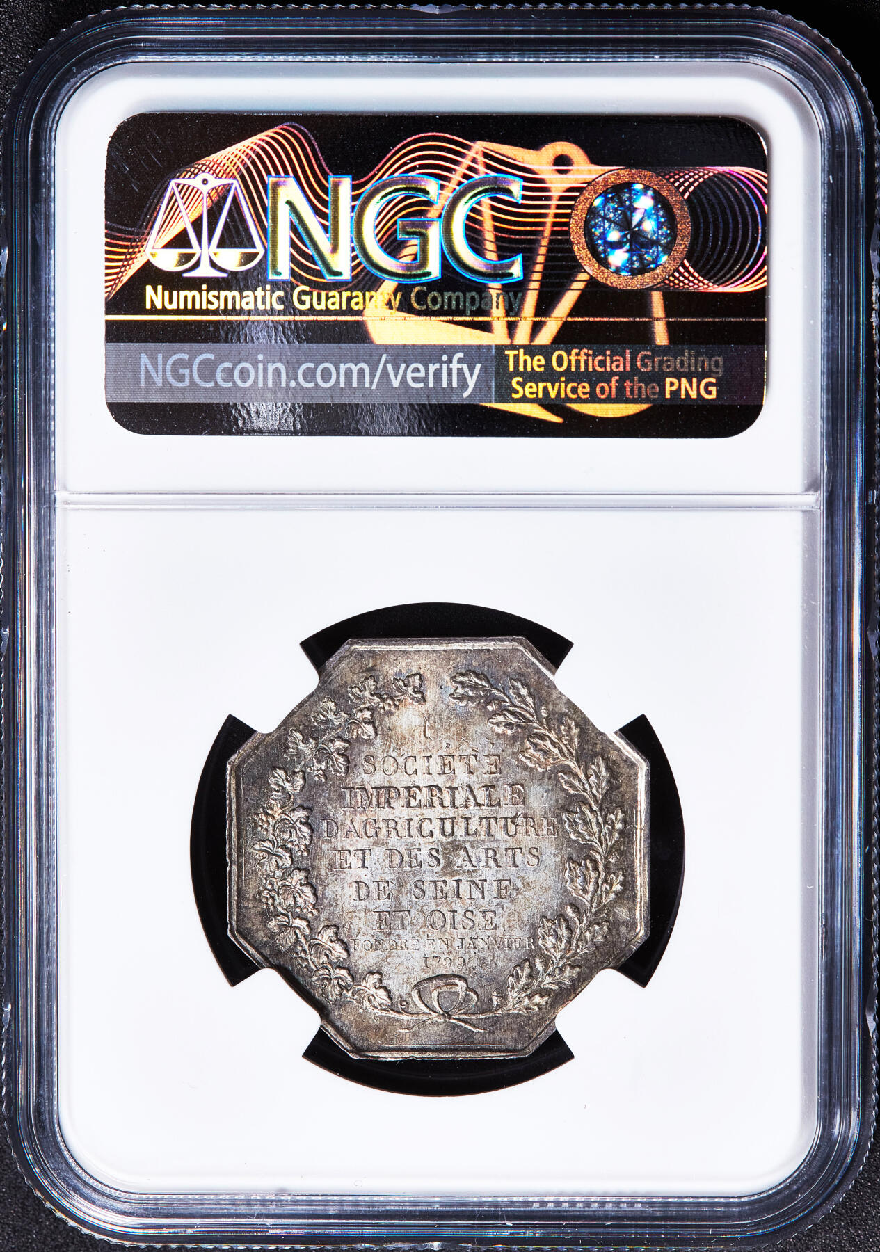 【俄甄集藏】2026年(050)04-01星期三 晚 19:30 全场包邮 法国塞纳-瓦兹省1845-1860年农业与艺术协会银质八角代用币章，NGC MS63，五彩包浆，手指铭