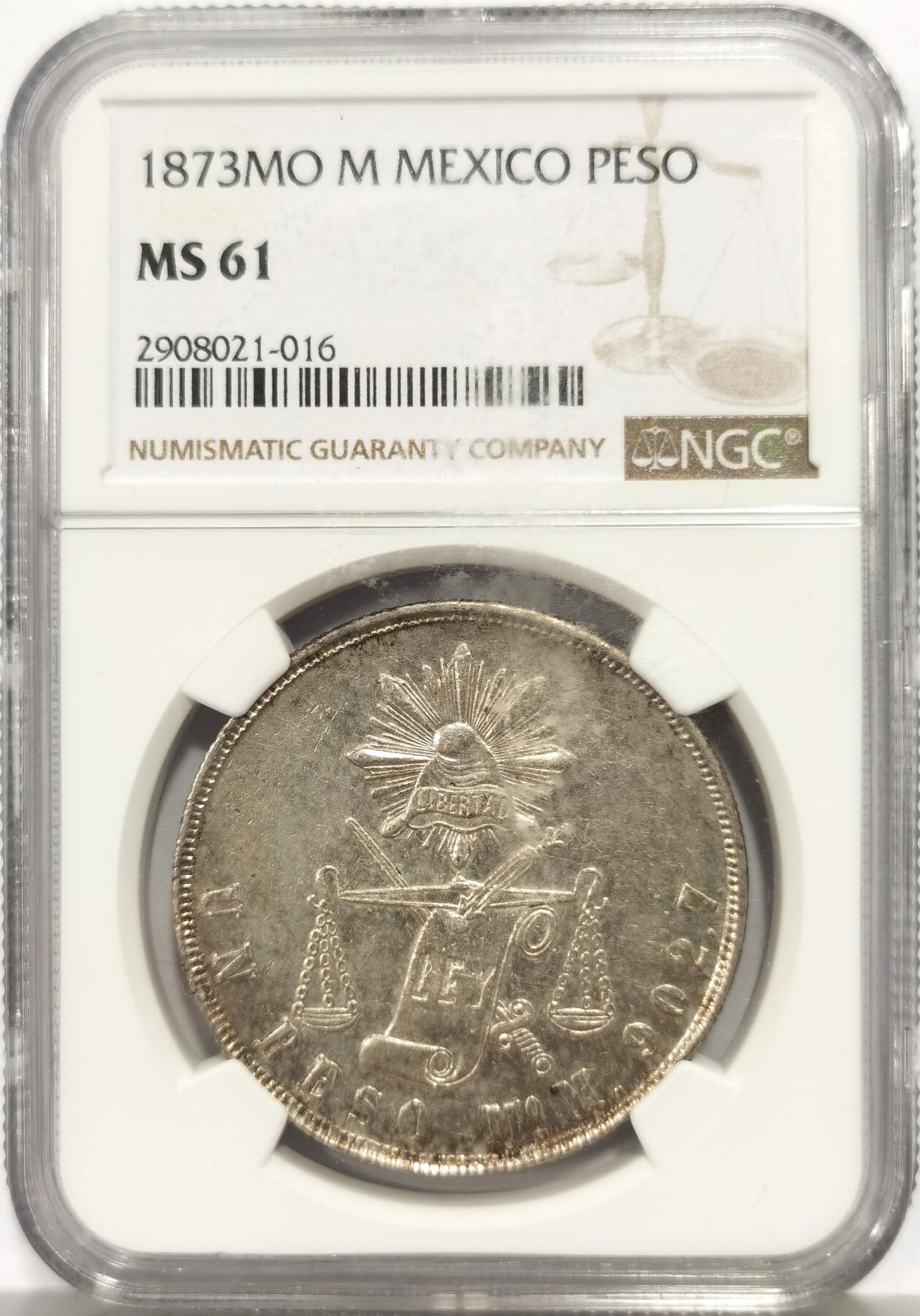 博洋堂“芳菲春韵”3月精品大拍专场暨第166期（全场包邮） NGC MS61 1873年墨西哥MO M版天平鹰洋 名誉品种，轻微镜面效果，状态在同分中属于佼佼者。博洋堂此前同品种同分拍过4200