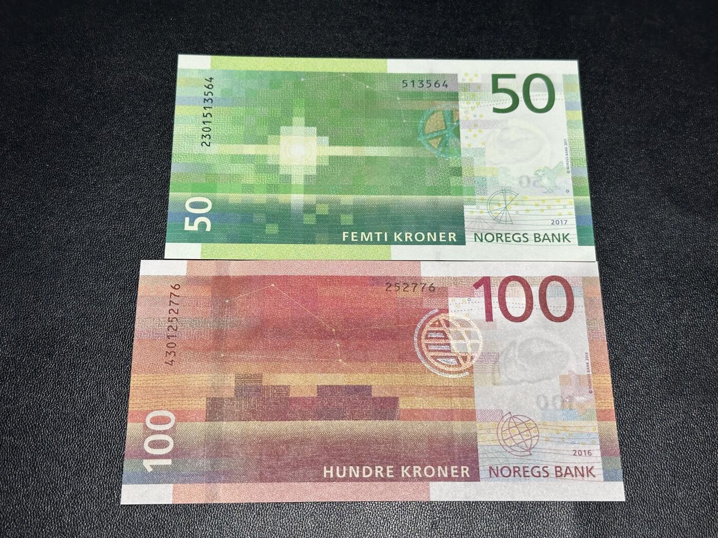 《外钞收藏家》第六百二十一期（精选场）（长期征集拍品、欢迎藏友们联系合作） 2016、17年挪威50、100克朗 2张一起 全新UNC