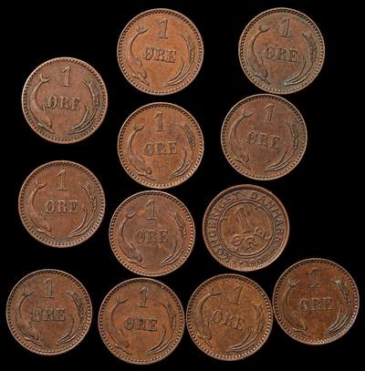 修遠堂世界钱币第109期 - 丹麦1欧尔铜币一组，巧克力色AU好品