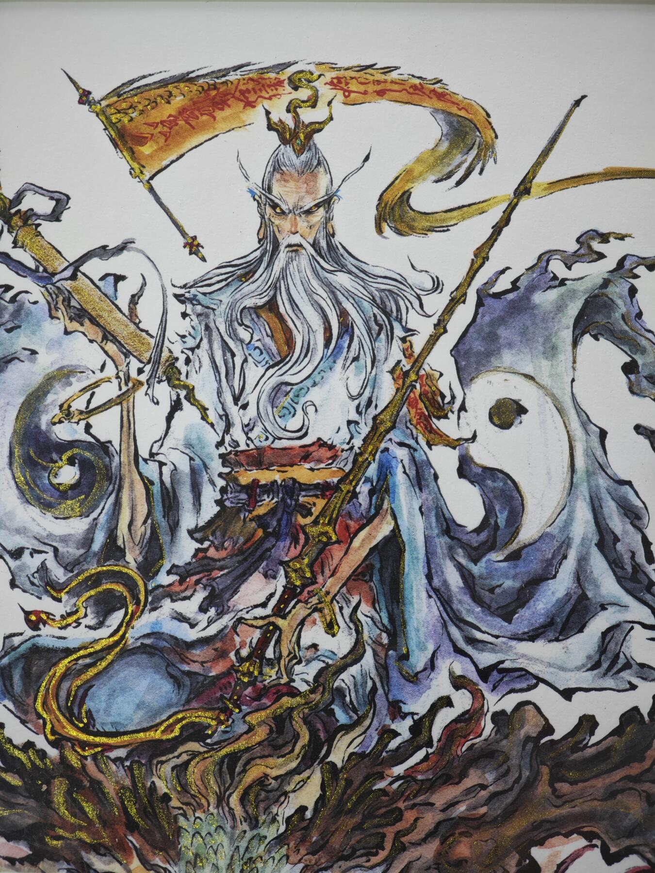 白泽拍卖卡牌手绘专场第34期（花朝去了又春分 草如茵 柳烟新） 2025 启读文化 沈鑫限量微喷版画 封神 姜子牙 尺寸：26.5cm*36cm 已装裱 +收藏证书 描金  沈鑫亲签