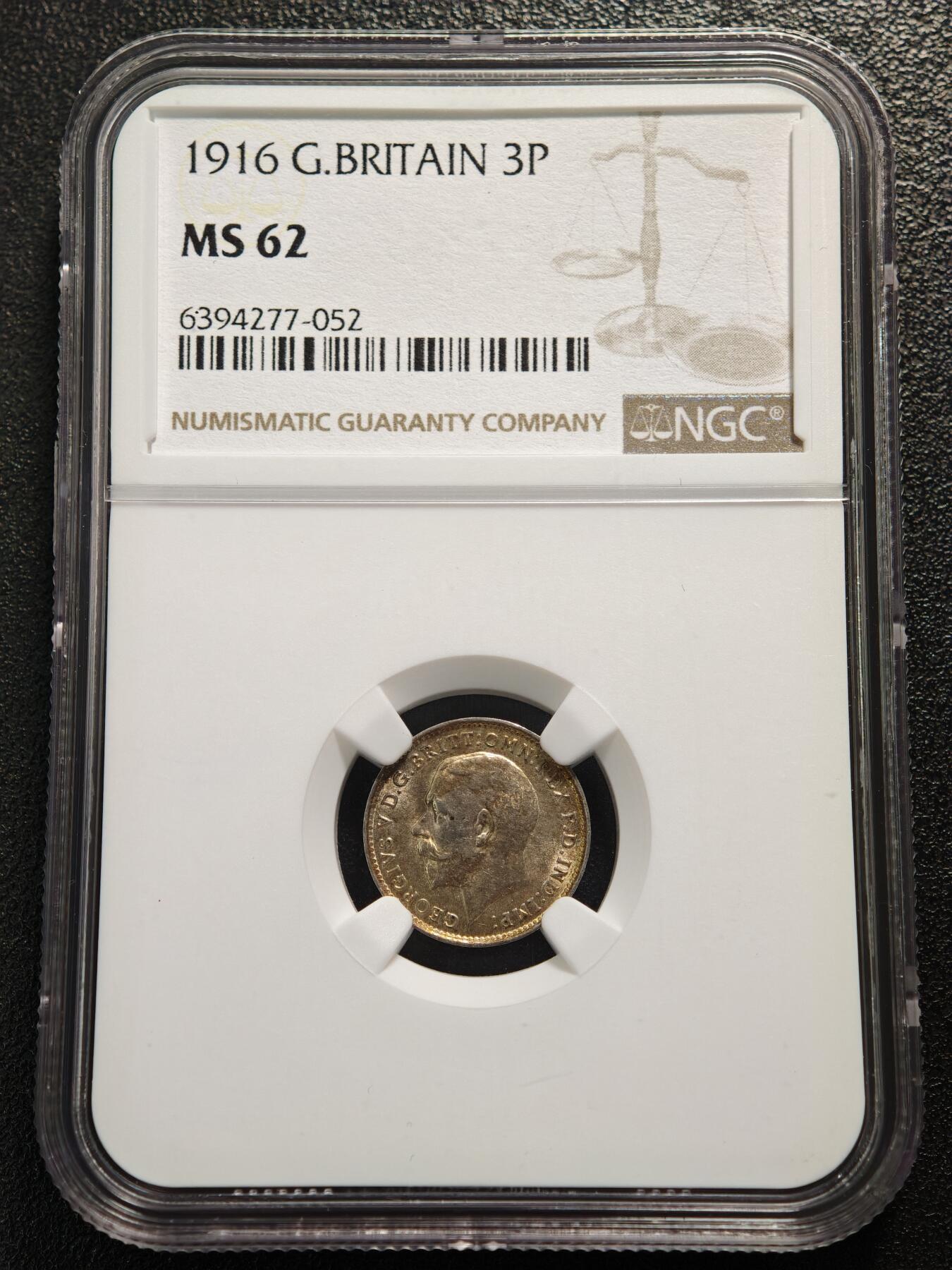 【德藏】世界币章拍卖第169期（拍品征集中~欢迎藏友联系） 1916年 英国乔治五世濯足节3便士银币 NGC MS62 黄油包浆