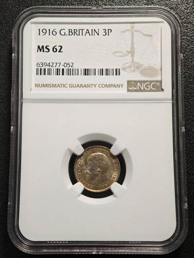 【德藏】世界币章拍卖第169期（拍品征集中~欢迎藏友联系） - 1916年 英国乔治五世濯足节3便士银币 NGC MS62 黄油包浆