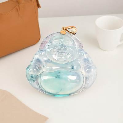 碧月说宝 君子怀瑾·当代和田玉清风专场(六) - 18k金镶钻冰种飘蓝花翡翠大佛公