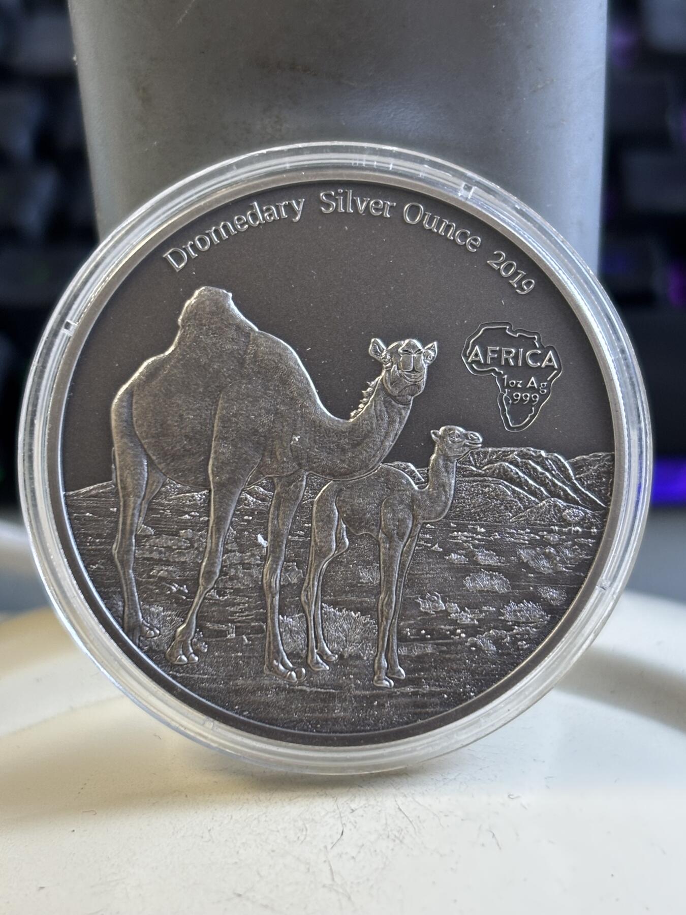 第195期拍卖 喀麦隆2019年动物骆驼1盎司仿古纪念银币，9999银，发行2000枚