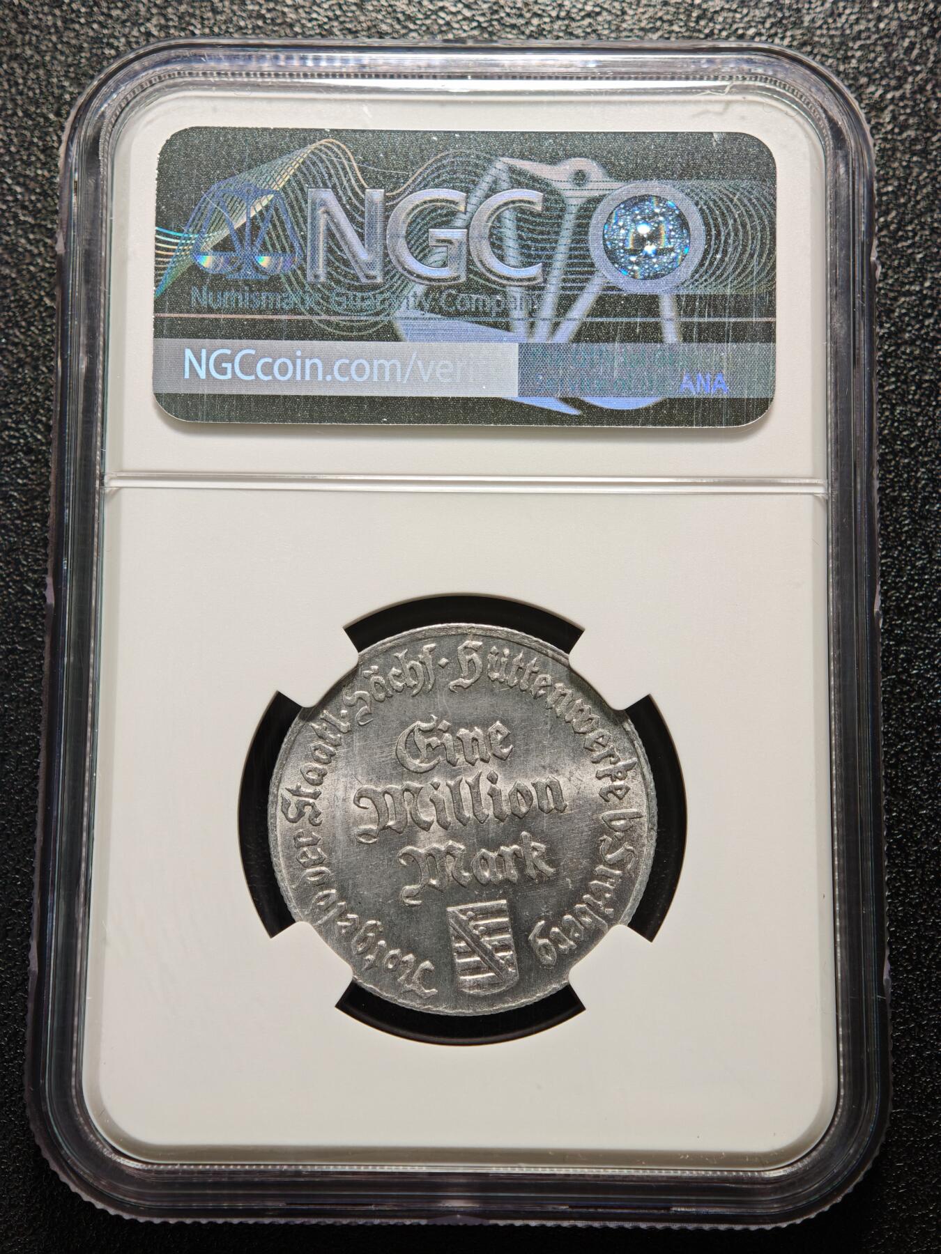 【德藏】世界币章拍卖第169期（拍品征集中~欢迎藏友联系） 1923年 德国紧急时期弗莱堡火把男100万马克铝币 NGC MS64原光十足 大名誉品种