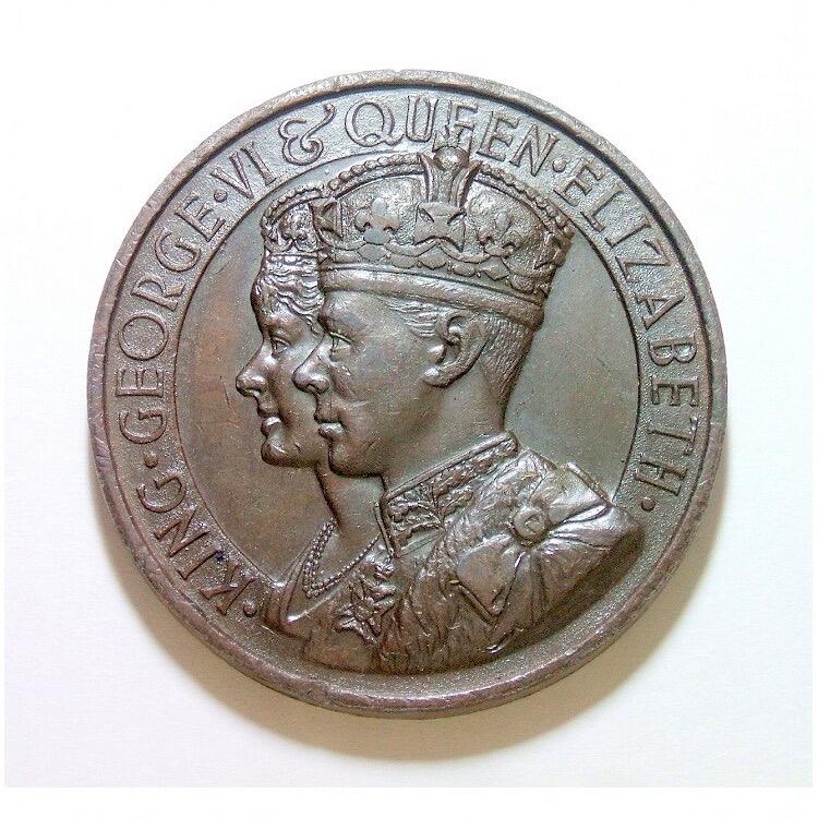 英国1937年 乔治六世和皇后+海神高浮雕精制大铜章 45MM