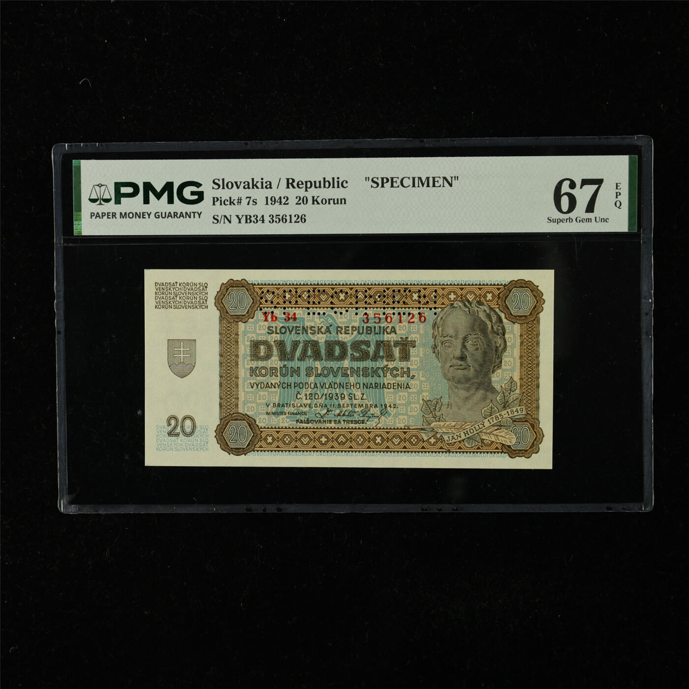 【亘邦集藏】第224期拍卖 1942年 斯洛伐克共和国样钞20克朗 PMG 67EPQ YB34 356126