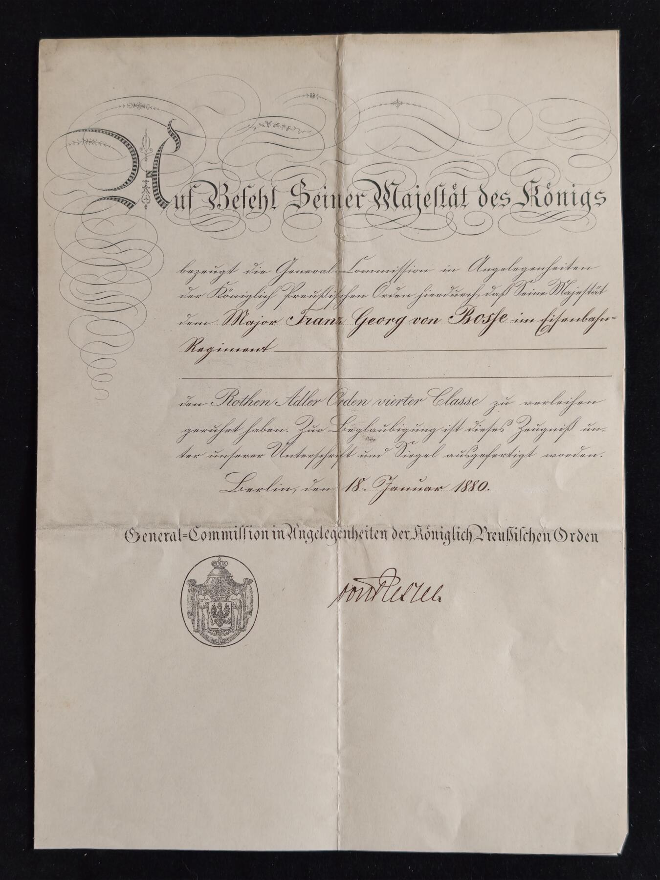 凯旋世界勋赏（第23期）（欢迎送拍）（对拍品有疑问请询问客服，不接受到手刀，出价默认拍品品相。请认真阅读拍卖规则！出价默认已认可！）（收到货请录制开箱视频，无视频概不处理问题。） 帝德 普鲁士王国 四级红鹰勋章 证书 由 时任皇家普鲁士勋章事务总委员会会长 Von Rauch 亲笔签名颁发 1880年授予时任 铁路团少校博塞