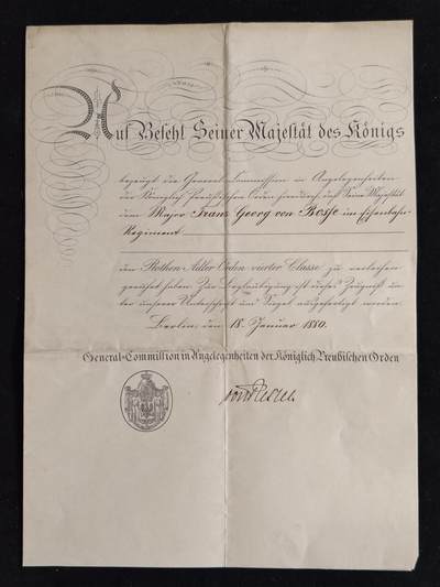 凯旋世界勋赏（第23期）（欢迎送拍）（对拍品有疑问请询问客服，不接受到手刀，出价默认拍品品相。请认真阅读拍卖规则！出价默认已认可！）（收到货请录制开箱视频，无视频概不处理问题。） - 帝德 普鲁士王国 四级红鹰勋章 证书 由 时任皇家普鲁士勋章事务总委员会会长 Von Rauch 亲笔签名颁发 1880年授予时任 铁路团少校博塞