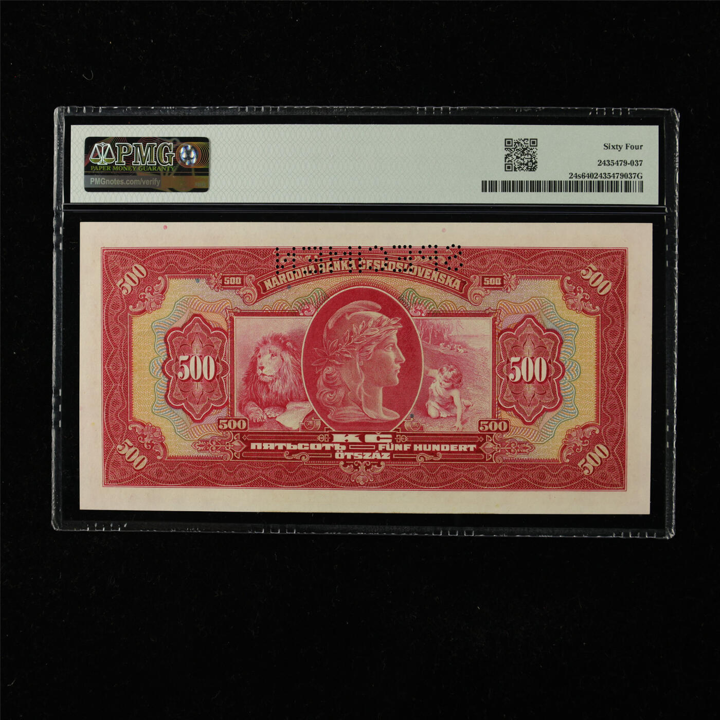 【亘邦集藏】第224期拍卖 1929年 捷克斯洛伐克国家银行样钞500克朗 PMG 64 E 995633