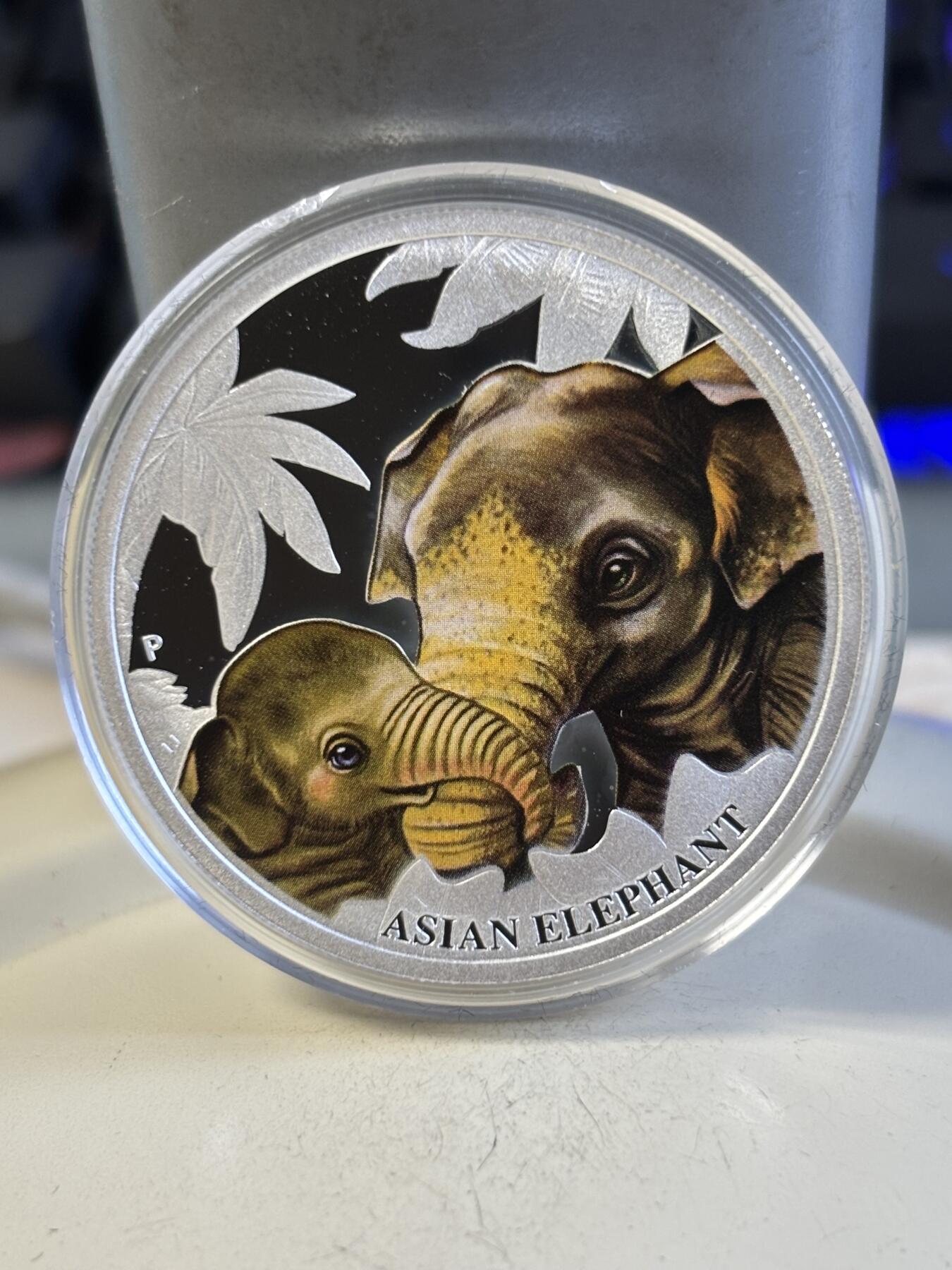 第195期拍卖 图瓦卢2014年母亲的爱系列大象彩色纪念银币，999银，发行6000枚