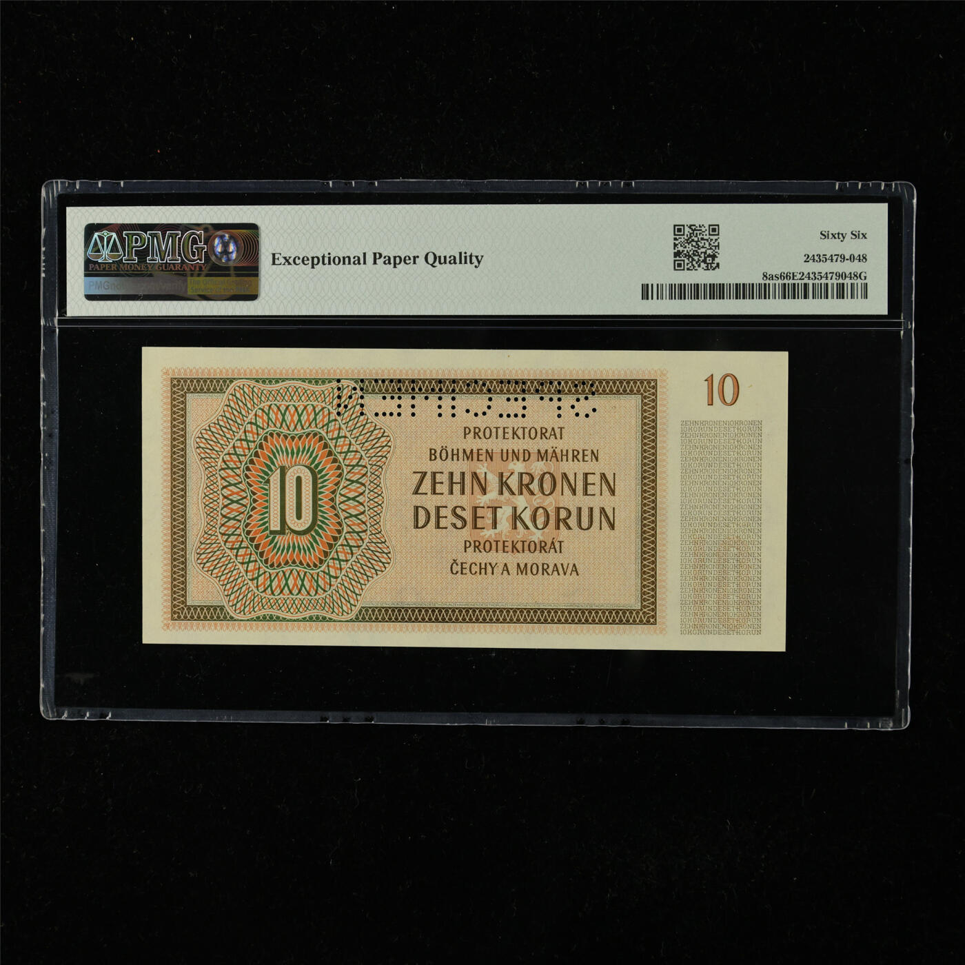 【亘邦集藏】第224期拍卖 1942年 波西米亚和摩拉维亚样钞10克朗 PMG 66EPQ S.03N 400381