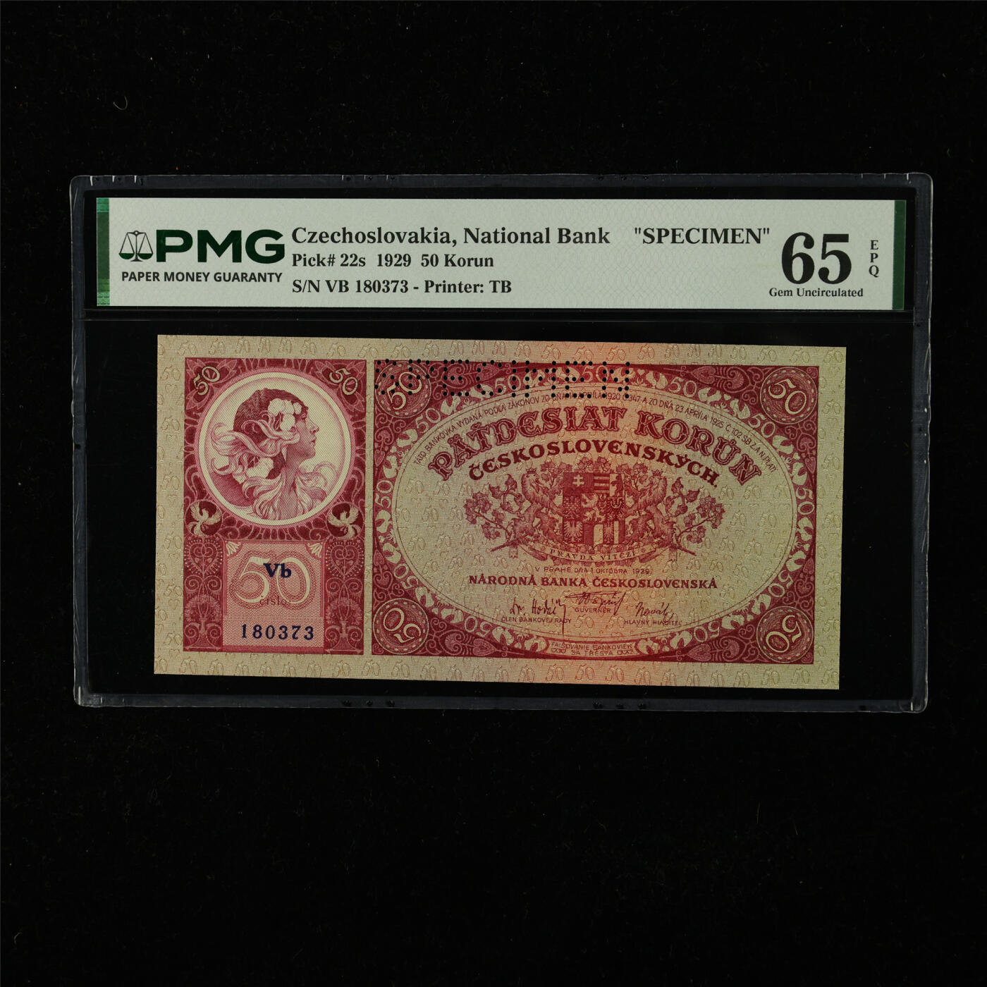 【亘邦集藏】第224期拍卖 1929年 捷克斯洛伐克国家银行样钞50克朗 PMG 65EPQ VB 180373