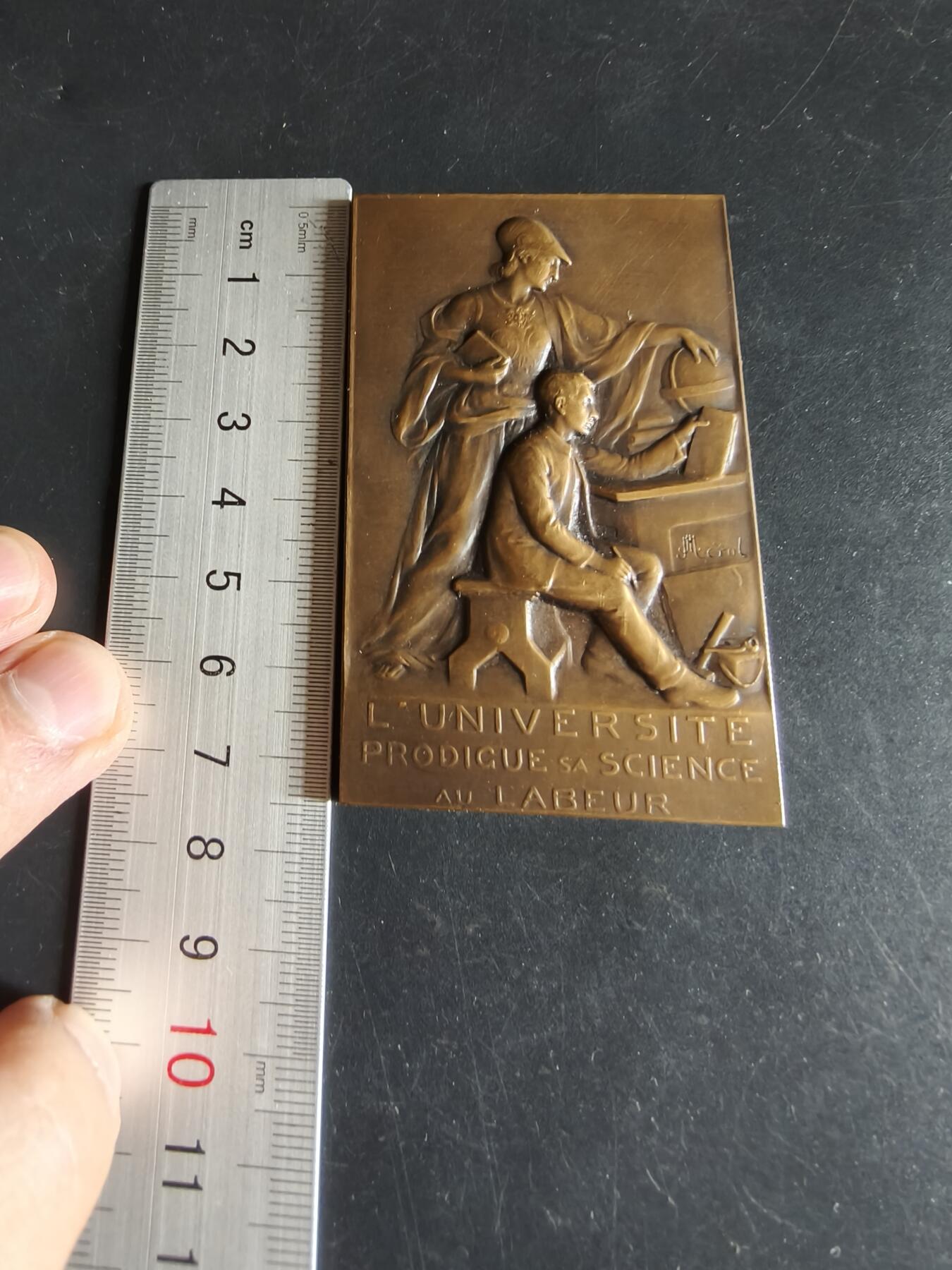 老王徽章第190期 法国克莱蒙费朗科学与文学教育方形大铜章      原盒     梅洛作品     尺寸48×75mm     重量117.2g