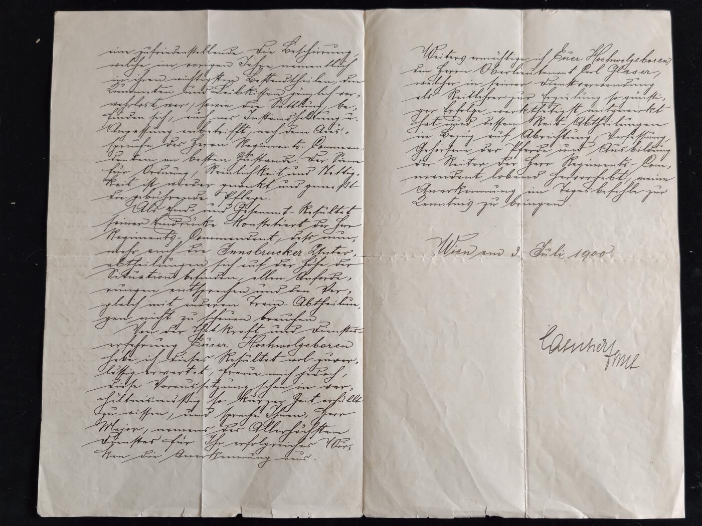 凯旋世界勋赏（第23期）（欢迎送拍）（对拍品有疑问请询问客服，不接受到手刀，出价默认拍品品相。请认真阅读拍卖规则！出价默认已认可！）（收到货请录制开箱视频，无视频概不处理问题。） 奥匈帝国 亲笔表扬/嘉奖信 1900年 由帝国补给总监 劳舍尔少将 亲笔书写，并亲笔签名签发，给时任少校 安东·鲍尔，在鲍尔调任因斯布鲁克第14分队指挥官后，极度赞扬了鲍尔的管理能力，将一个此前表现极差的单位并令其脱胎换骨