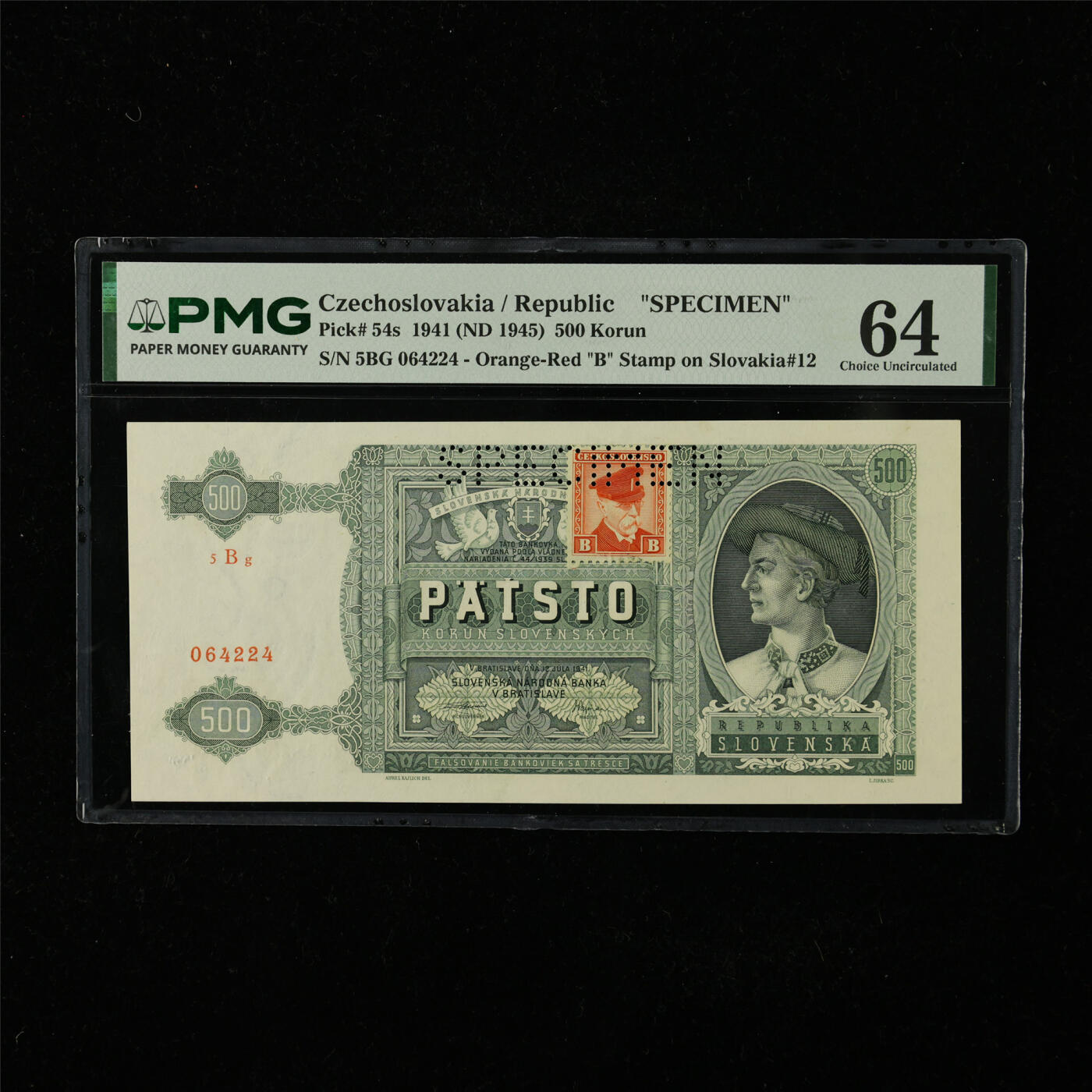 【亘邦集藏】第224期拍卖 1941年 捷克斯洛伐克共和国样钞500克朗 PMG 64 5BG 064224