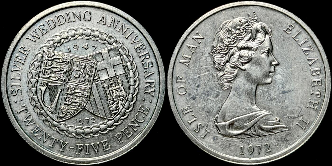 ＜星葵🌻钱币社＞第72期·东奔西走的硬币·3月31日发货 马恩岛1972年女王和菲利普亲王结婚25周年25便士克朗型纪念币