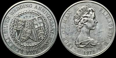 ＜星葵🌻钱币社＞第72期·东奔西走的硬币·3月31日发货 - 马恩岛1972年女王和菲利普亲王结婚25周年25便士克朗型纪念币