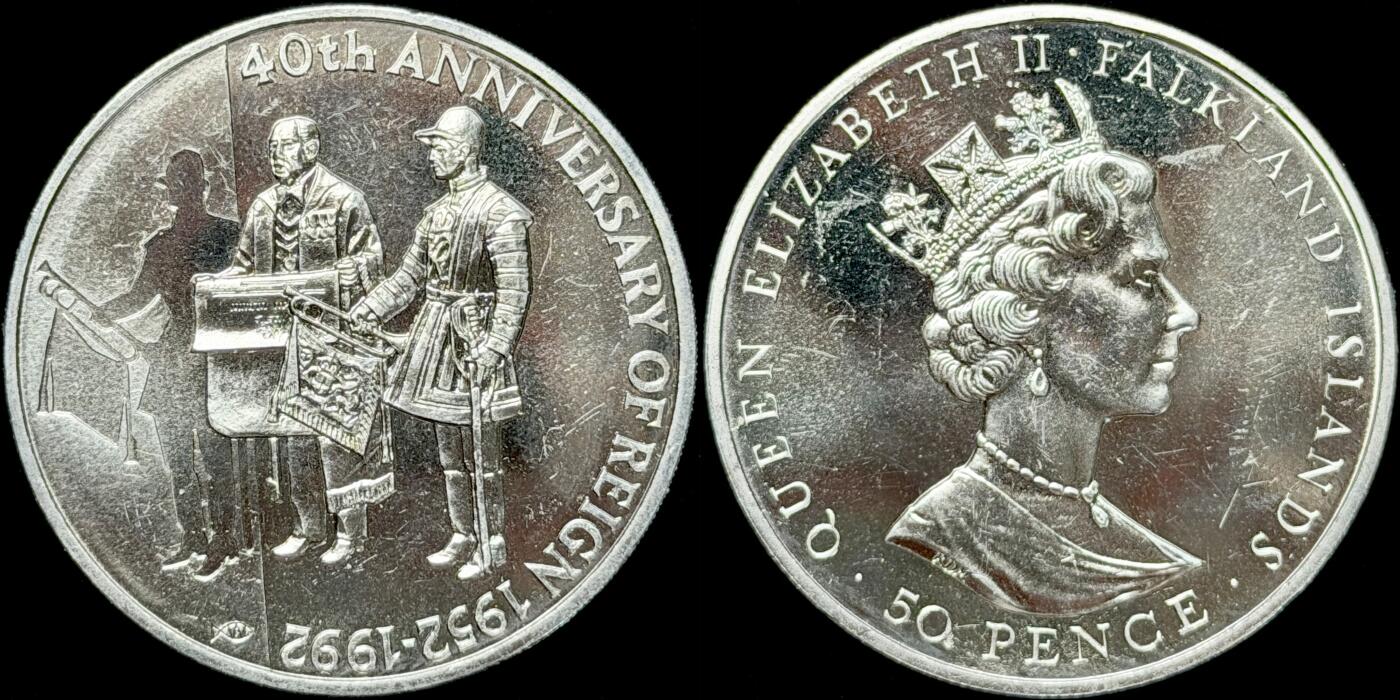 ＜星葵🌻钱币社＞第72期·东奔西走的硬币·3月31日发货 福克兰群岛1992年女王登基40周年50便士克朗型纪念币
