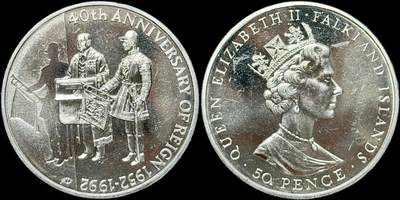 ＜星葵🌻钱币社＞第72期·东奔西走的硬币·3月31日发货 - 福克兰群岛1992年女王登基40周年50便士克朗型纪念币