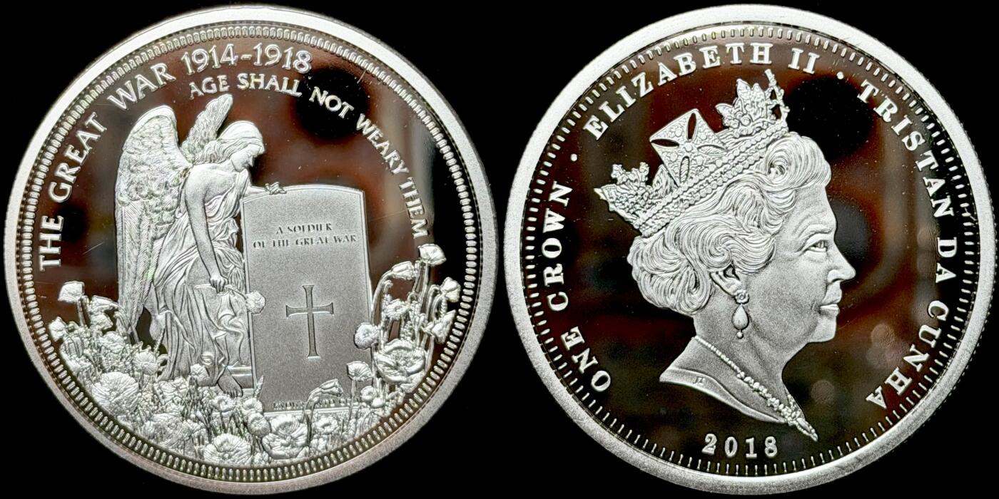 ＜星葵🌻钱币社＞第72期·东奔西走的硬币·3月31日发货 〈发行量9999〉特里斯坦·达库尼亚2018年一战纪念颂歌·岁月不会使他们疲惫1克朗镀银纪念币