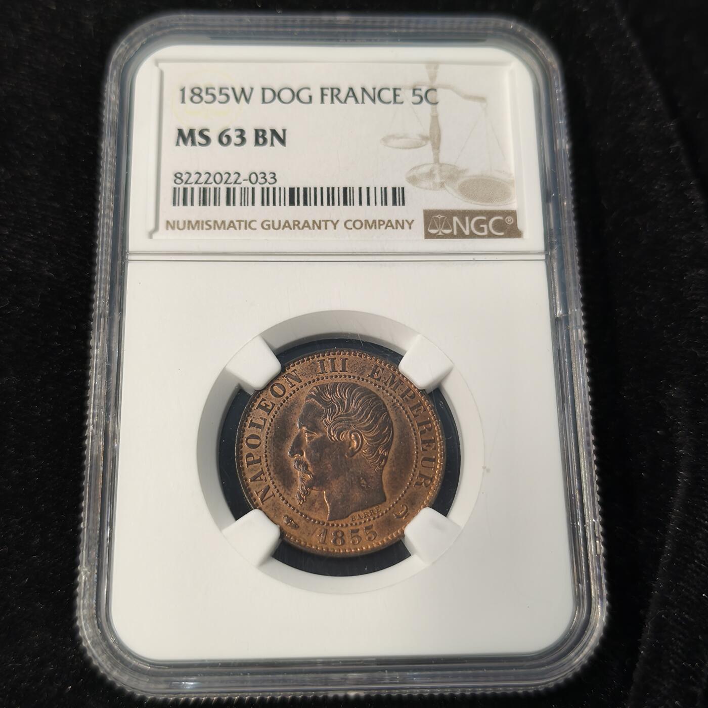 Krab外币市集Vol.28 NGC MS63BN 法国1855W年拿破仑三世5分 DOG