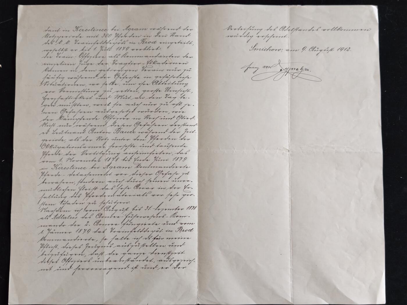 凯旋世界勋赏（第23期）（欢迎送拍）（对拍品有疑问请询问客服，不接受到手刀，出价默认拍品品相。请认真阅读拍卖规则！出价默认已认可！）（收到货请录制开箱视频，无视频概不处理问题。） 奥匈帝国 服役表现证明/贵族身份推荐授予信 1912年 由退役少将 弗兰茨·西普拉·埃德勒·冯·西普伦堡 亲笔书写 并亲笔签名签发，给时任上校 安东·鲍尔，回顾了鲍尔在1878年波斯尼亚占领行动中的英雄事迹，当作证明材料给鲍尔申请贵族头衔背书