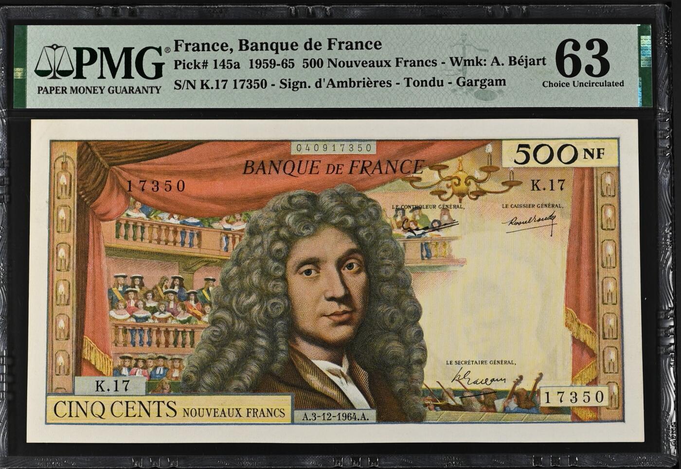 《艾美收藏》第238期-3.29周日外币畅拍场 法国1964年500法郎PMG63无4 Pick#145a初版首签难得 背面标注Pinholes有针孔 代表着法兰西精神的喜剧作家莫里哀