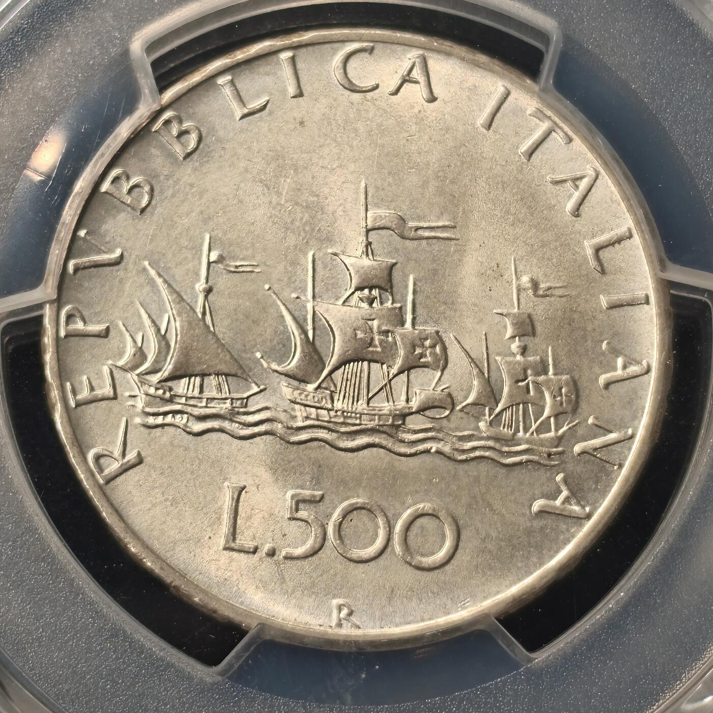 Krab外币市集Vol.28 PCGS MS65 意大利1966年500里拉帆船少女银币Gem