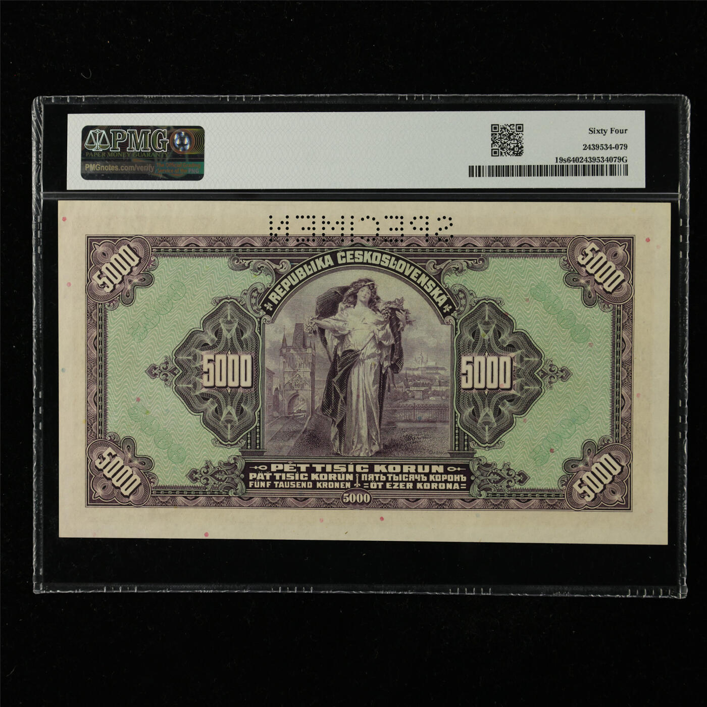 【亘邦集藏】第224期拍卖 1920年 捷克斯洛伐克样钞5000克朗 PMG 64 C 185729