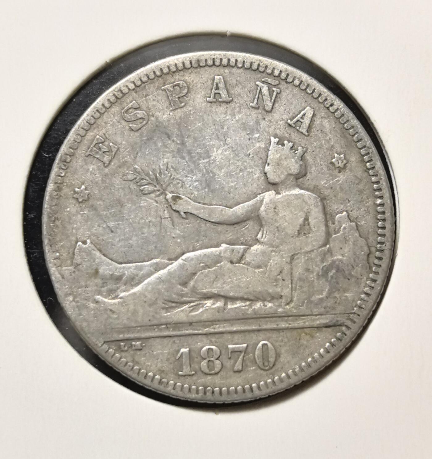 外国优质老铜币银币苏联纪念章，每周六晚九点倒数截拍，满百包邮可寄存，持续收拍 西班牙 1870 年 2 比塞塔银币，正面为和平女神坐像，背面是纹章，见证近代西班牙历史，银质老币，收藏韵味十足。