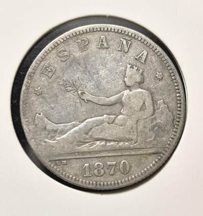 外国优质老铜币银币苏联纪念章，每周六晚九点倒数截拍，满百包邮可寄存，持续收拍 - 西班牙 1870 年 2 比塞塔银币，正面为和平女神坐像，背面是纹章，见证近代西班牙历史，银质老币，收藏韵味十足。