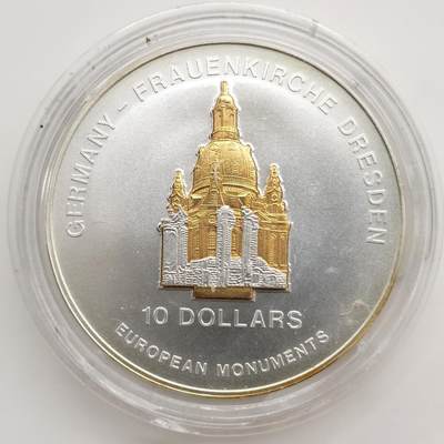 博洋堂“芳菲春韵”3月精品大拍专场暨第166期（全场包邮） - 瑙鲁2004年10元带镀金插件反向精制银币 欧洲地标-德累斯顿圣母大教堂（德） 1盎司999银 发行量：7千5百