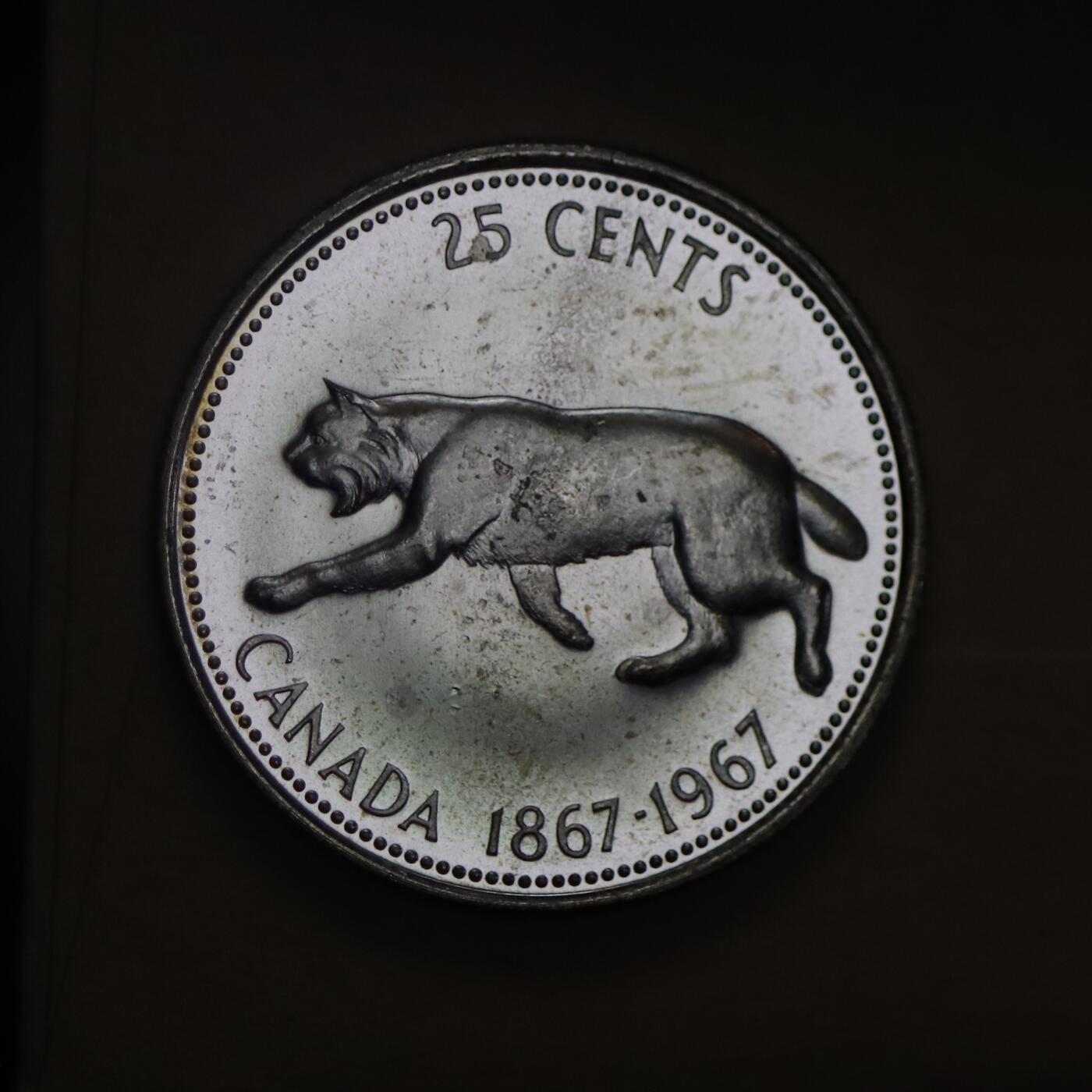 观钱 近现代机制币拍卖No.006（全场顺丰包邮，不区分偏远地区）  加拿大 1967 年联邦百年 25 分猞猁纪念银币 卷拆全新未使用