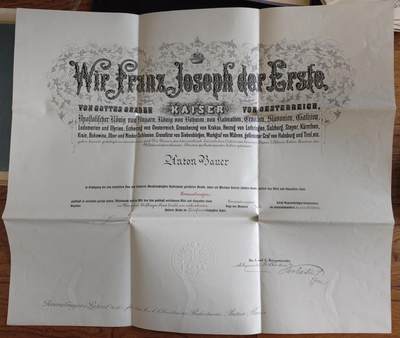 凯旋世界勋赏（第23期）（欢迎送拍）（对拍品有疑问请询问客服，不接受到手刀，出价默认拍品品相。请认真阅读拍卖规则！出价默认已认可！）（收到货请录制开箱视频，无视频概不处理问题。） - 奥匈帝国 大尺寸 少将晋升证书 正式委任状 带原装信封（图3，4）由奥匈皇帝 弗朗茨·约瑟夫一世 亲笔签名， 以及大名鼎鼎的时任战争部长，一战期间晋升的九位陆军元帅之一的 亚历山大·冯·克罗巴廷大将/后晋升元帅 （1912-1917年间担任战争部长，图2为本人）亲笔签名 双签签发，1913年在巴德伊舍夏宫签发，授予 安东·鲍尔