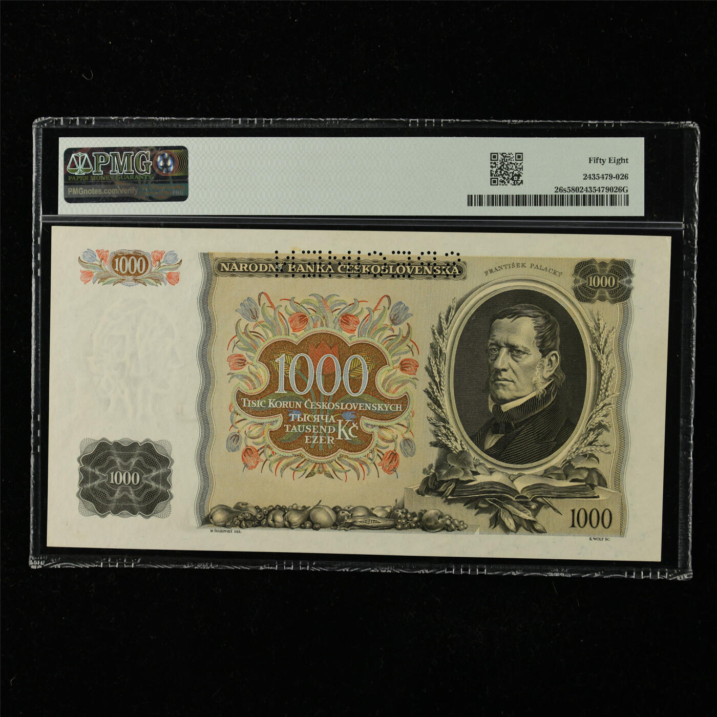 【亘邦集藏】第224期拍卖 1934年 捷克斯洛伐克国家银行样钞1000克朗 PMG 58 J914774