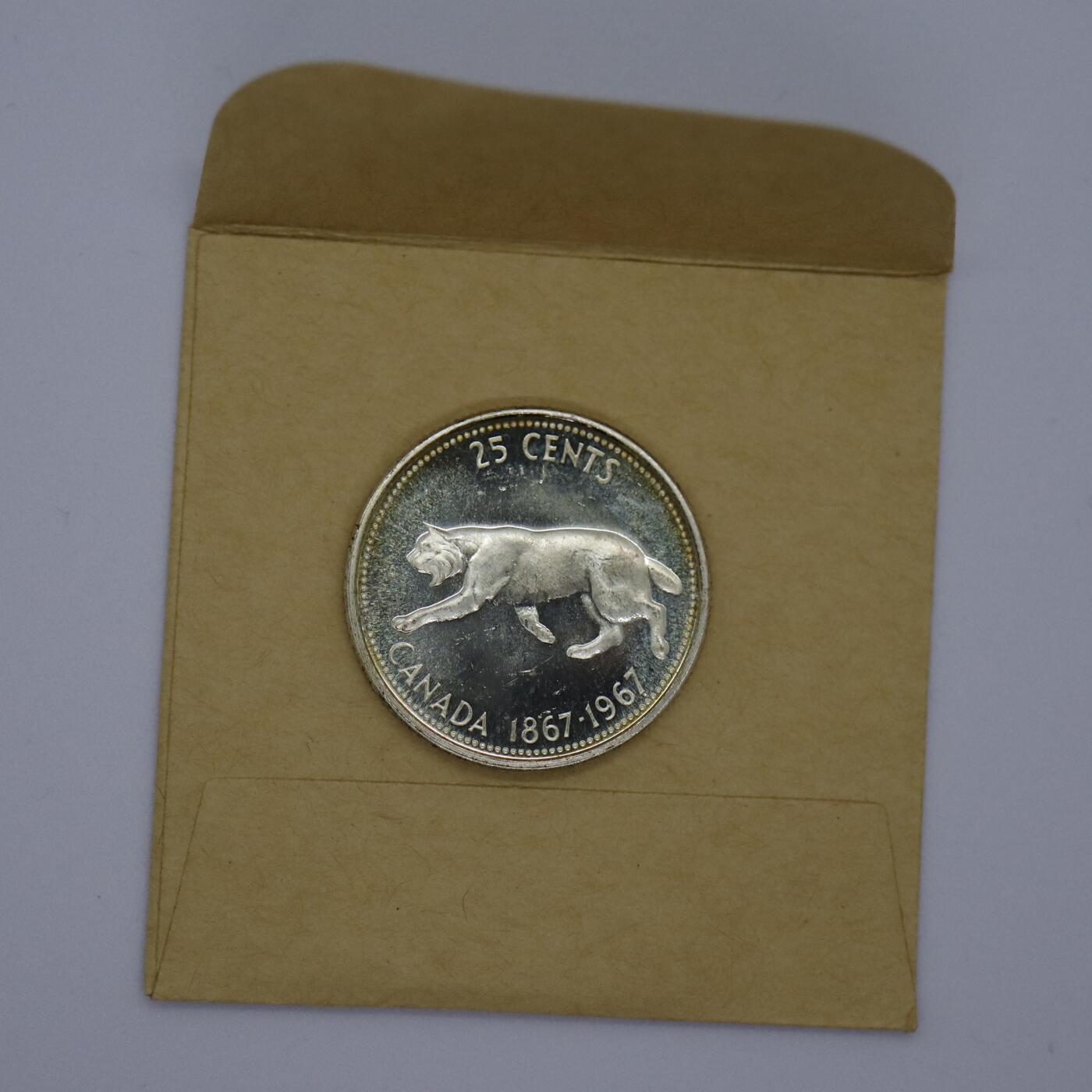 观钱 近现代机制币拍卖No.006（全场顺丰包邮，不区分偏远地区）  加拿大 1967 年联邦百年 25 分猞猁纪念银币 卷拆全新未使用
