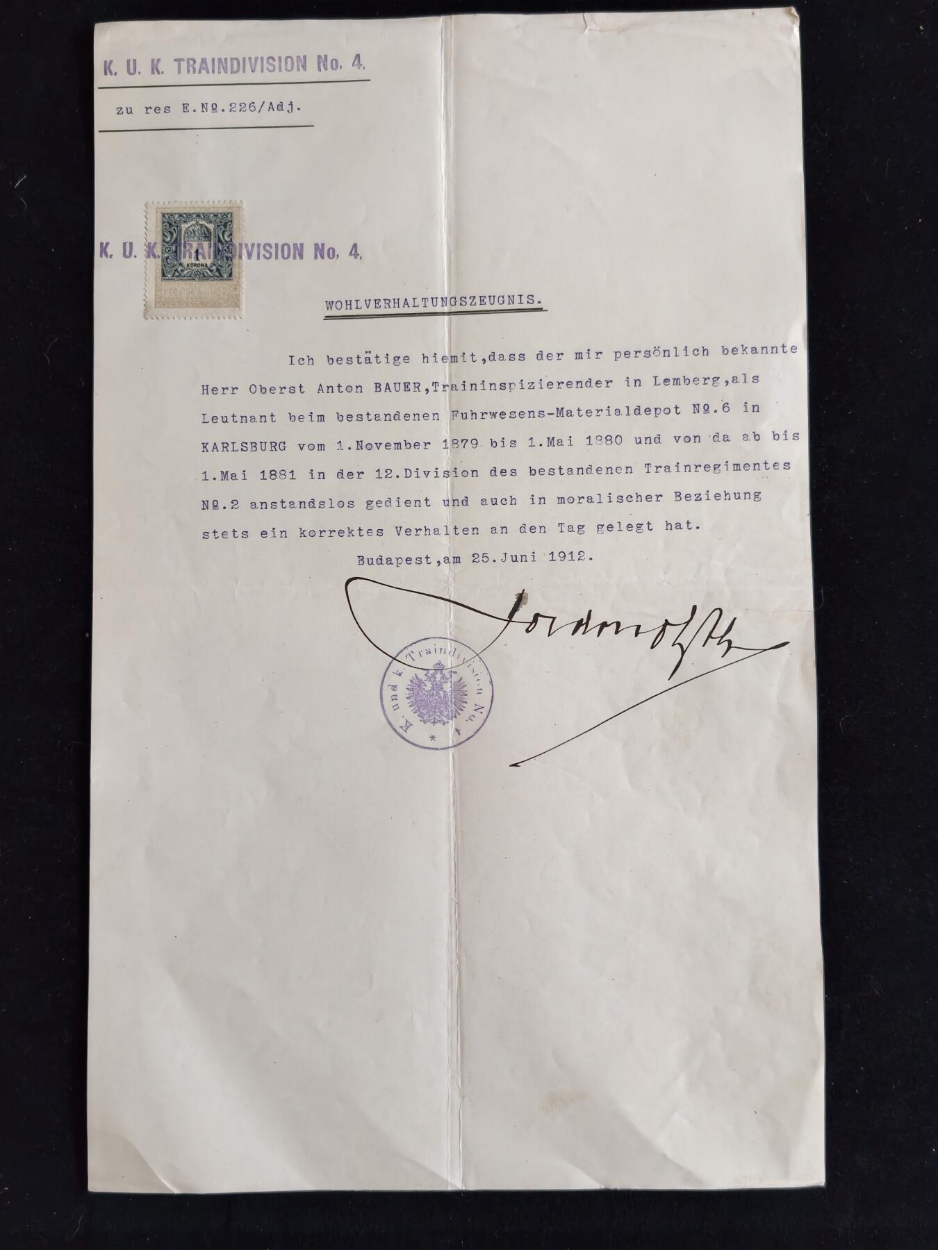 凯旋世界勋赏（第23期）（欢迎送拍）（对拍品有疑问请询问客服，不接受到手刀，出价默认拍品品相。请认真阅读拍卖规则！出价默认已认可！）（收到货请录制开箱视频，无视频概不处理问题。） 奥匈帝国 品行鉴定信（用作给鲍尔的少将晋升背书）1912年 由第四补给大队指挥官 卡尔·冯·科尔丹  亲笔签名 签发，给时任伦贝格（利沃夫）的补给监察官 安东·鲍尔上校，内容回顾并夸赞了鲍尔早年的服役表现