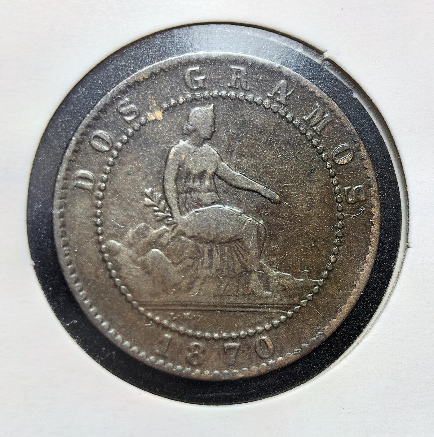 外国优质老铜币银币苏联纪念章，每周六晚九点倒数截拍，满百包邮可寄存，持续收拍 少见西班牙 1870 年 2 分铜币，正面坐像女神手持橄榄枝，背面雄狮持盾国徽，百年铜色包浆厚重，细节清晰，是伊比利亚近代钱币收藏的历史佳品。