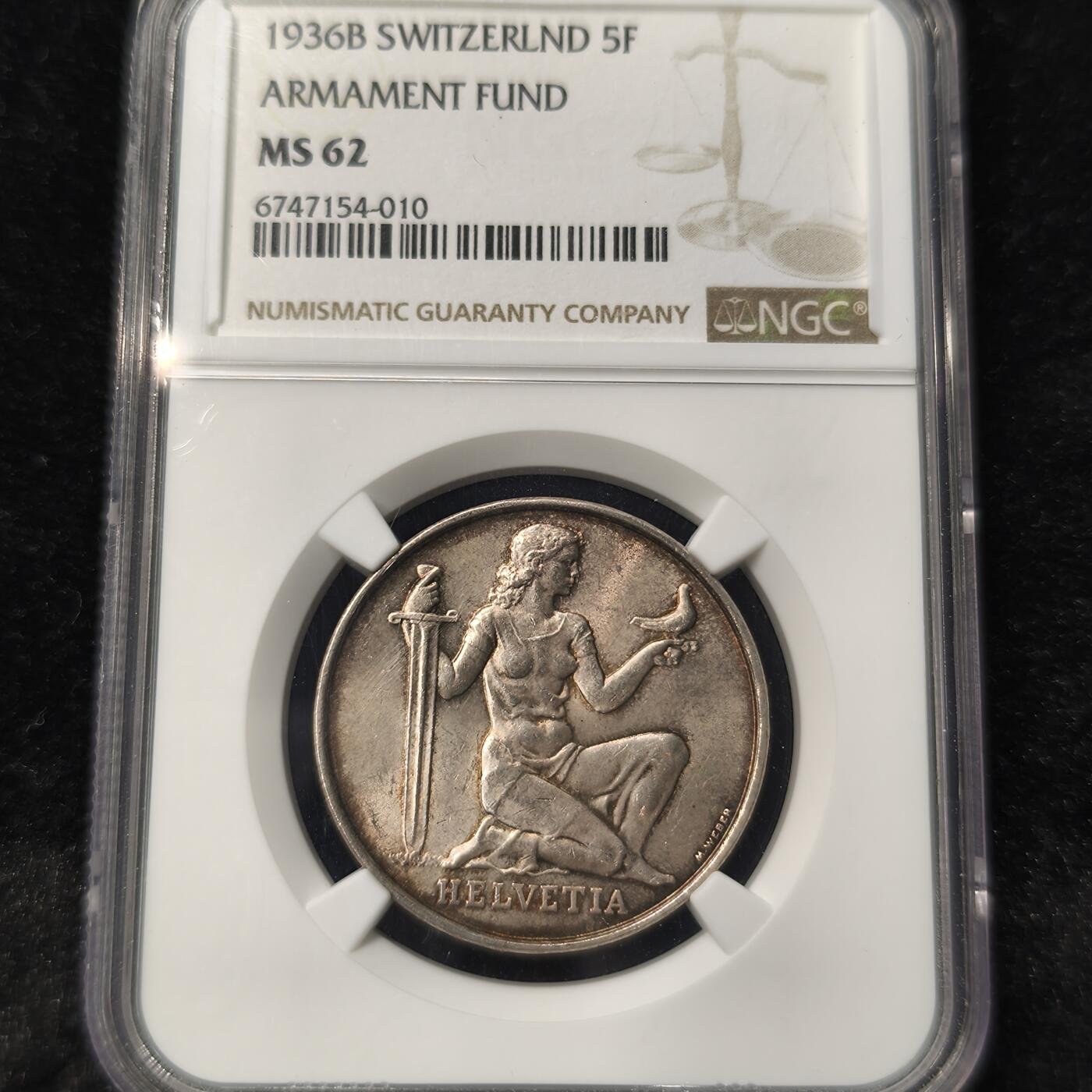 Krab外币市集Vol.28 NGC MS62 瑞士1936B 5法郎银币 toned