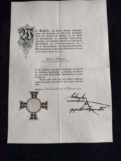 凯旋世界勋赏（第23期）（欢迎送拍）（对拍品有疑问请询问客服，不接受到手刀，出价默认拍品品相。请认真阅读拍卖规则！出价默认已认可！）（收到货请录制开箱视频，无视频概不处理问题。） - 奥匈帝国 玛利安/条顿十字勋章 证书  由条顿骑士团大团长/一战期间晋升的九位陆军元帅之一的 欧根大公（时任骑兵大将，图3） 亲笔签名签发 1911年授予 时任上校 安东·鲍尔