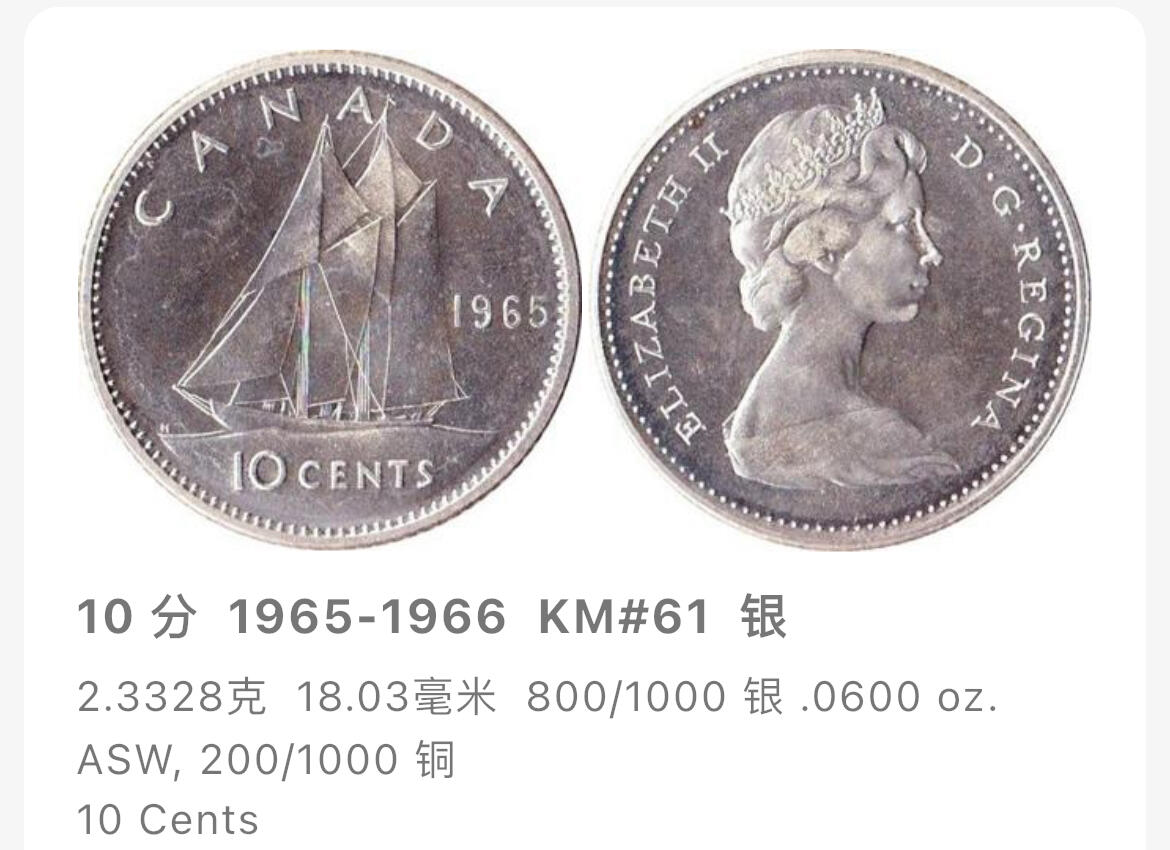 回流0328 加拿大1965年10分银币 “蓝鼻子号”双桅纵帆船
