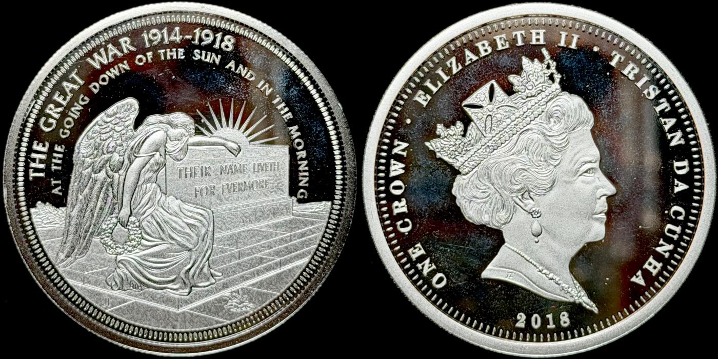 ＜星葵🌻钱币社＞第72期·东奔西走的硬币·3月31日发货 〈发行量9999〉特里斯坦·达库尼亚2018年一战纪念颂歌·日落之时及清晨1克朗镀银纪念币