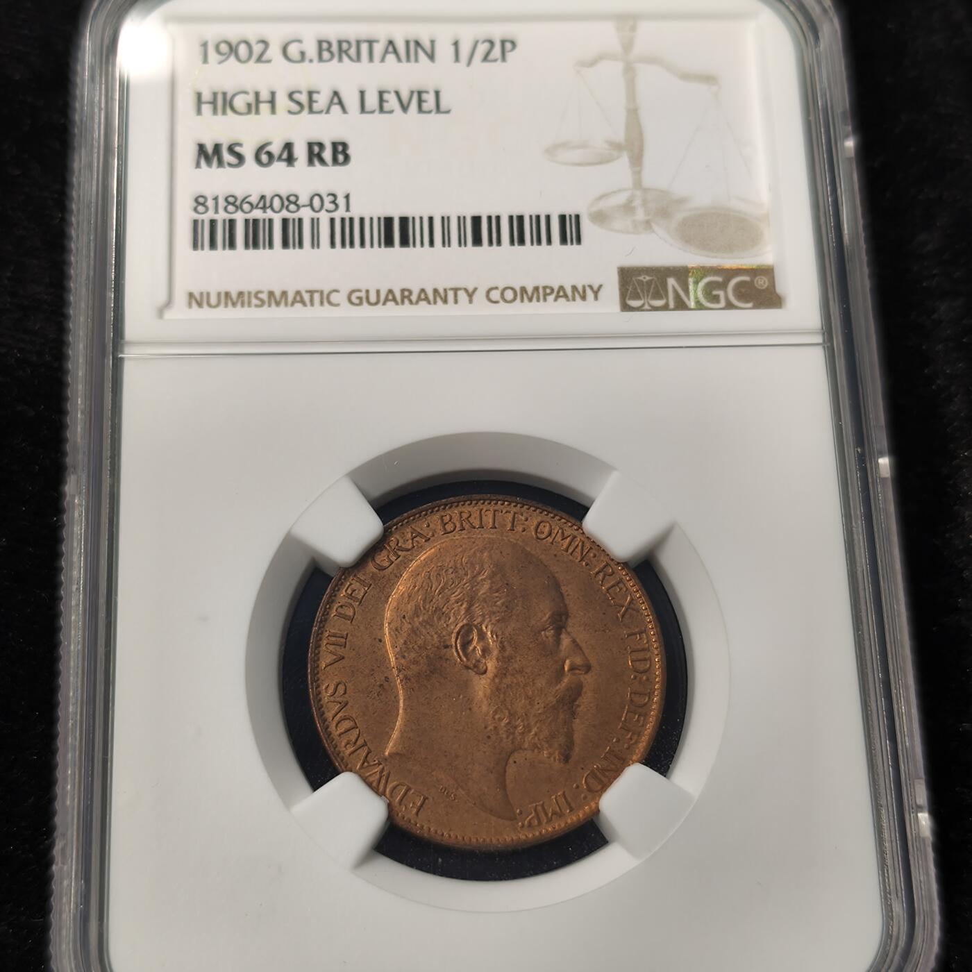 Krab外币市集Vol.28 NGC MS64RB 英国1902年1/2便士 High Sea Level