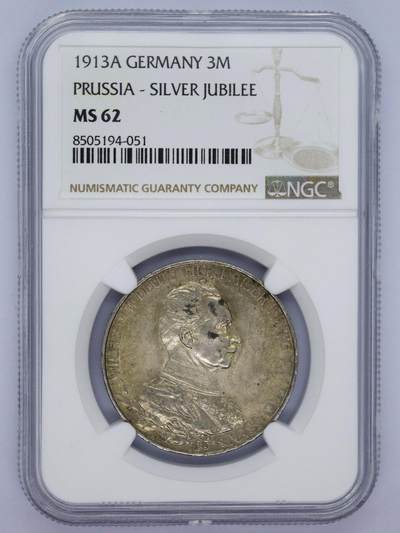 观钱 近现代机制币拍卖No.006（全场顺丰包邮，不区分偏远地区）  - 1913 年德国普鲁士威廉二世银禧 3 马克银币 NGC MS62 
