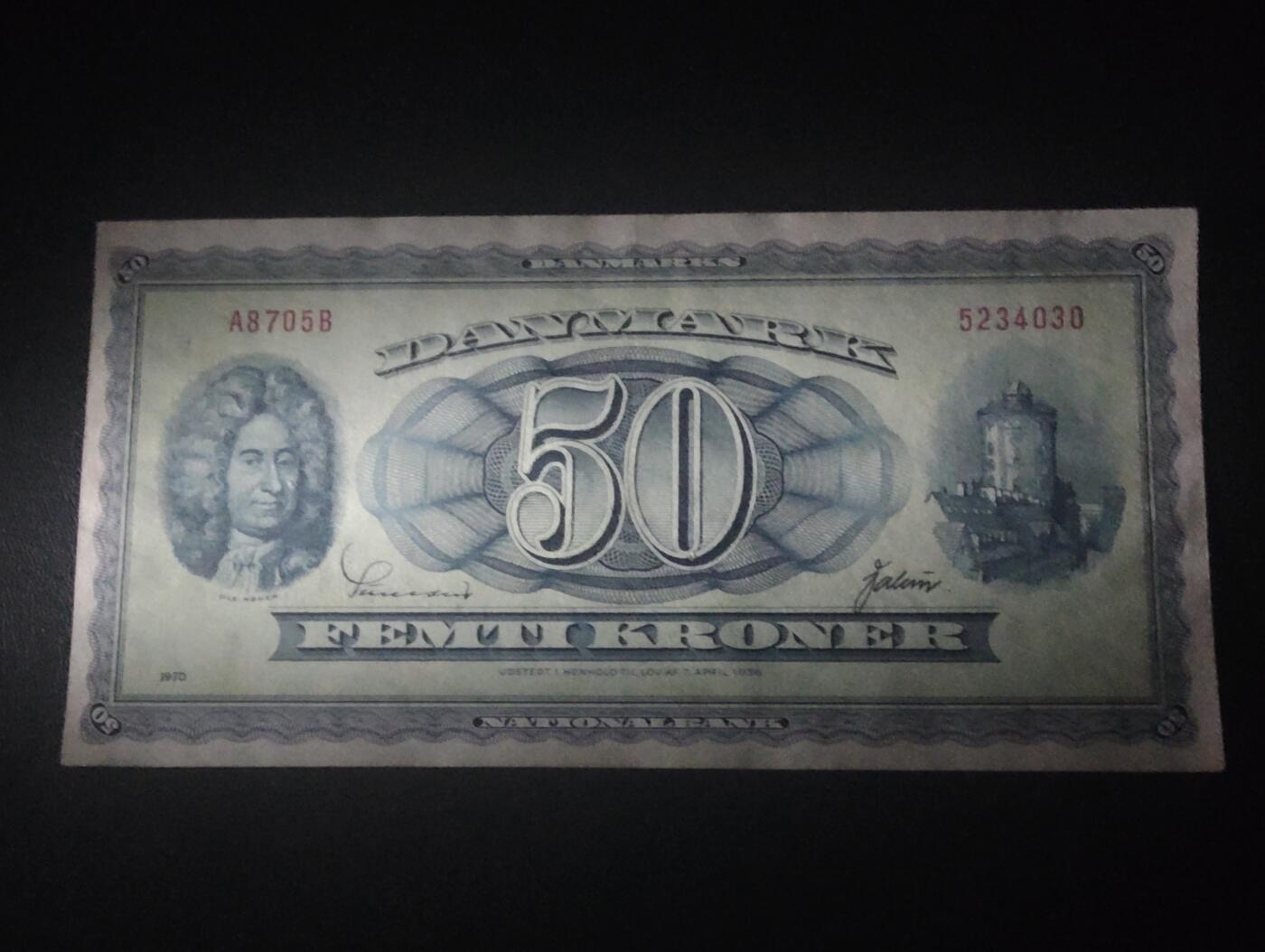 2026三月第四期，总221期 丹麦1970年50克朗UNC-有针孔 天文学家罗默 少见中高面值品种