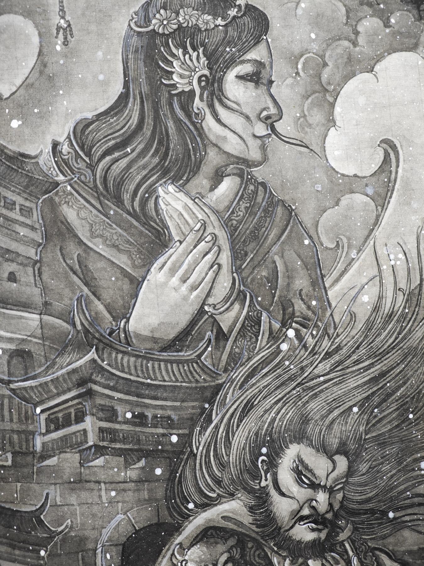 白泽拍卖卡牌手绘专场第34期（花朝去了又春分 草如茵 柳烟新） 2025 刘晓明手绘画 倾城 尺寸：38.5cm*95.7cm  刘晓明钤印