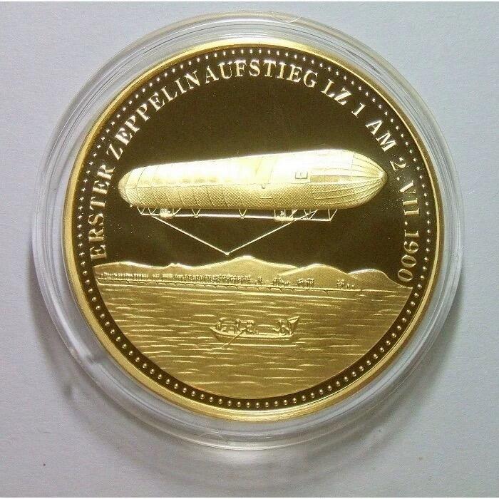 【银】德国齐柏林和LZ1飞艇 高浮雕精制大镀金银章 40MM 20克